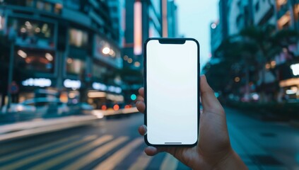 Mockup of a blank smartphone, mobile phone screen held in hand, hand holding a blank smartphone in front of a blurred background of a busy city street at night