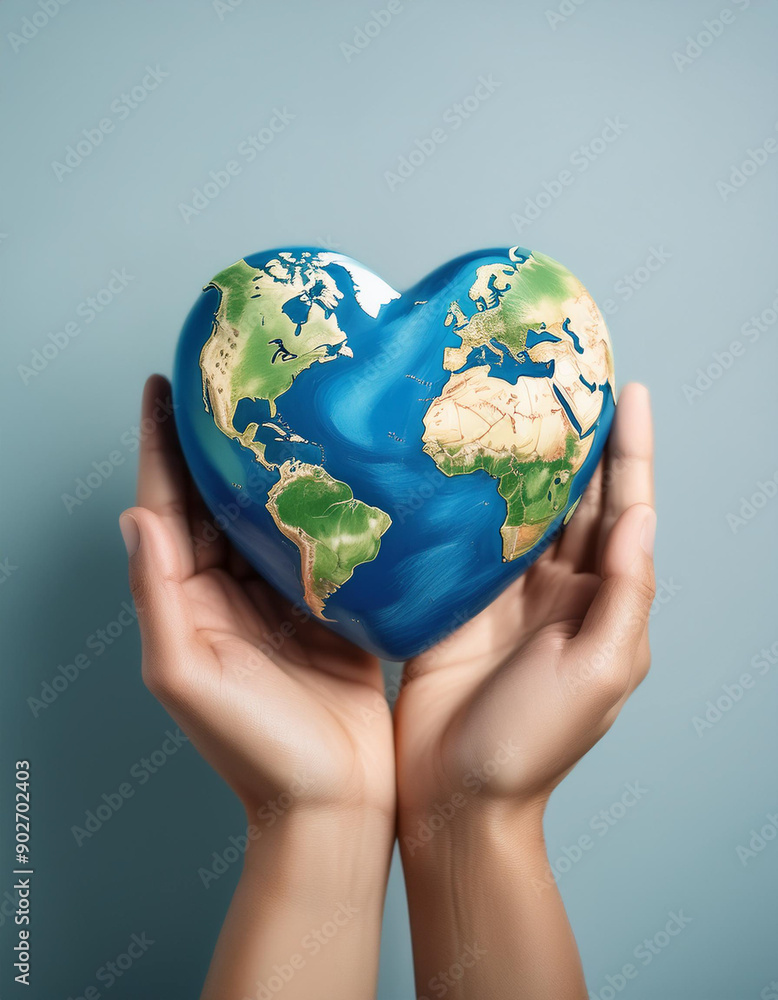 Wall mural the heart-shaped earth in the hands of a person, on a clean and clear background, conveys a message 