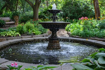 Water fountain cascading into a pond in a lush garden