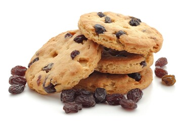 Freshly baked cookies arranged on a white surface, featuring sweet and juicy raisins