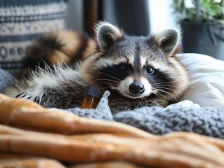 Curious Raccoon Relaxing on Cozy Blanket in a Living Room During Daytime