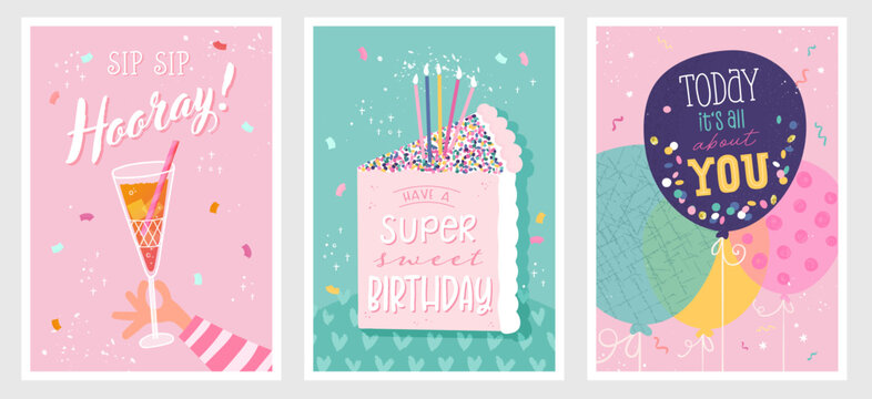 Set of birthday postcards with  confetti, balloons, cocktail, cake and hand writing. Invitations, happy birthday. Vector templates great for card, poster, flyer or banner