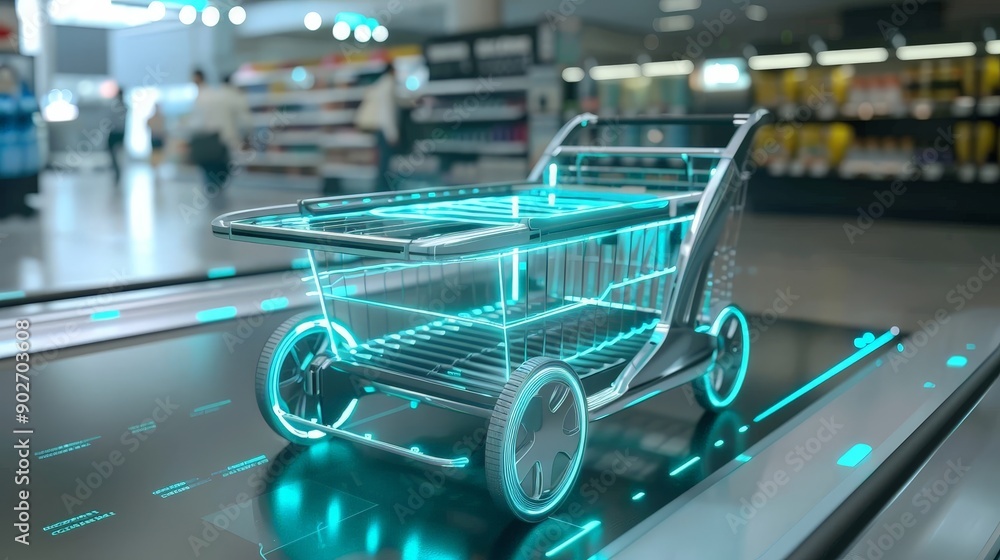 Poster explore the futuristic concept of an autonomous shopping cart with this 3d depiction, highlighting a