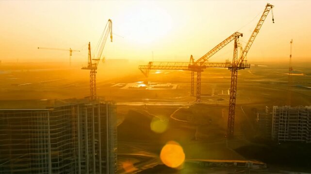 Sunset construction site with crane in city skylin