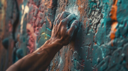 Closeup of climber hands holding artificial boulder with copy space