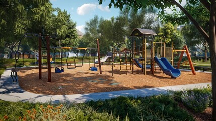 Fototapeta premium Imagine a 3D playground with swings, slides, and climbing structures.