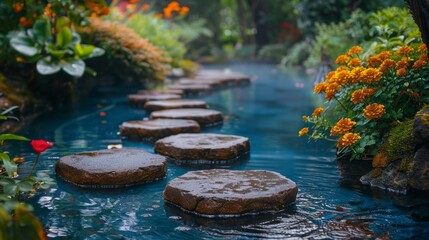 zen garden design, peaceful zen garden with stepping stones over calm blue water creates a serene atmosphere perfect for relaxation and meditation