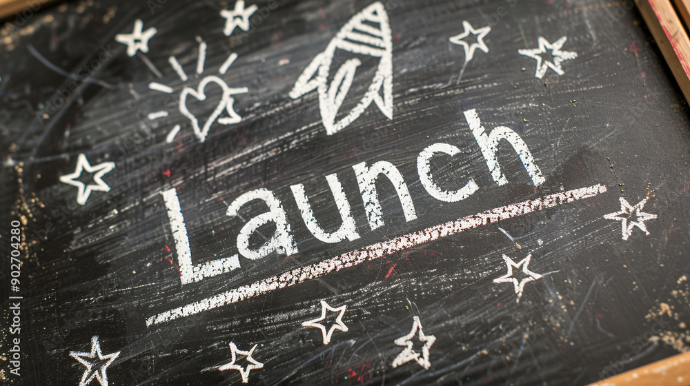Aufkleber chalkboard displaying the word launch to announce the start of a new business or project