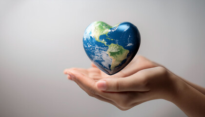 The heart-shaped earth in the hands of a person, on a clean and clear background, conveys a message of global unity. concept of International Day of Peace