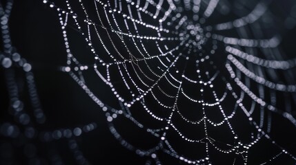 Dew-Kissed Web: A delicate spiderweb shimmers with morning dew, its intricate design highlighted against a dark background. The image evokes a sense of mystery, tranquility, and the beauty of nature's
