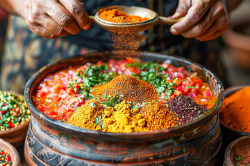 Chef adding spices into mortar for preparing indian curry masala