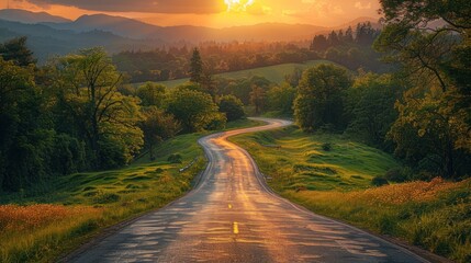 Fototapeta premium asphalt road panorama in countryside on sunny spring evening