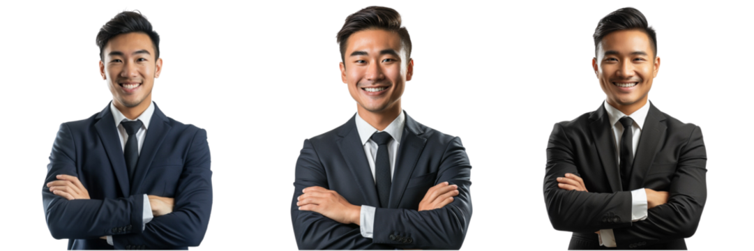 Set of Young handsome Asian man in a tailored suit, smiling confidently with crossed arms isolated on transparent background  (3) - Powered by Adobe