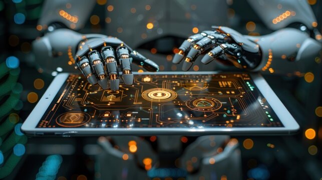 automation concept with businessman holds tablet to use AI help search data and summarize in graph and chart for analyze business investment