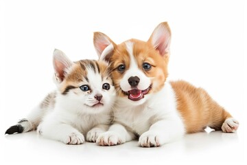 Obraz premium Cute happy puppy and kitten sitting together, isolated on a white background, friendship, pet supplies