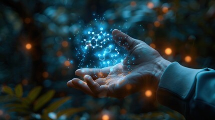 A 3d rendering of molecules abstraction hovering over a man's palm in blue light