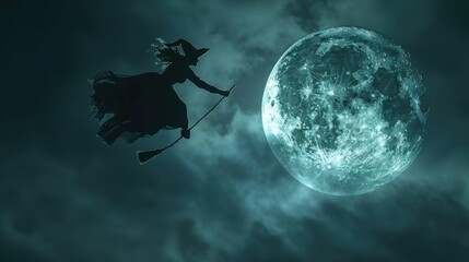 Witchcraft Under the Emerald Moon: A solitary witch soars across a vibrant, emerald-green moonlit sky, her silhouette a testament to magic and mystery. 