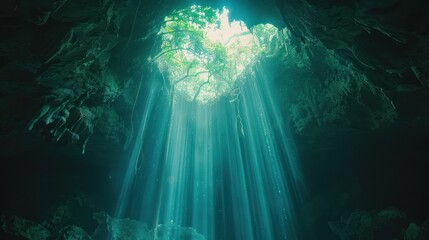 A beautiful shot of a cave of Two Eyes Cenote in Tulum Mexico