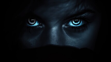 Intense Gaze: Piercing blue eyes in the darkness. A dramatic closeup of a woman's eyes, revealing an intensity that holds a captivating power. The shadows add to the mystery and allure, creating a sen