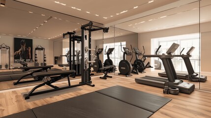 A stylish home gym with large mirrors