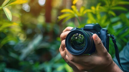 A close-up of a person holding a DSLR camera amidst lush green foliage, ideal for photography enthusiasts and nature lovers.