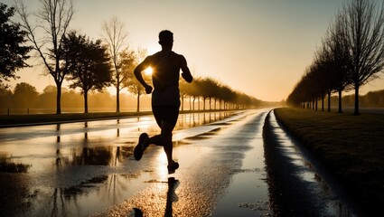Silhouette of Man Running on Wet Road at Sunrise

