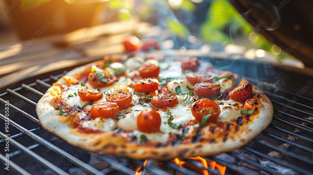 Canvas Prints Imagine a family barbecue with a pizza stone on the grill. A homemade pizza with grilled toppings is the highlight, with friends and family gathered around enjoying the summer evening.