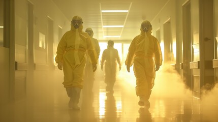 Healthcare professionals wearing hazmat suits navigate a meticulously sterilized facility environment