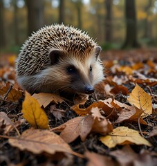 Fototapeta premium Hedgehog (Scientific name: Erinaceus Europaeus) wild, native, European hedgehog hibernating in natural woodland habitat. Curled into a ball in fallen Autumn leaves. Winter sleeping - hibernation See L