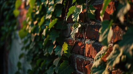 Green ivy is slowly taking over this old red brick wall, creating a beautiful contrast between the two