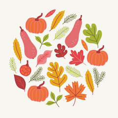 Autumn greeting card with pumpkins and leaves on white background