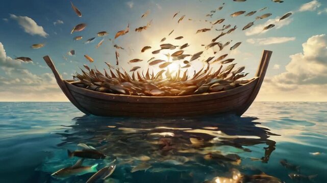 Abundance of Peter's Boat Overflowing with Fish at Jesus' Command. Concept Biblical miracles, Peter's boat, Fish abundance, Jesus' command, Symbolic significance	