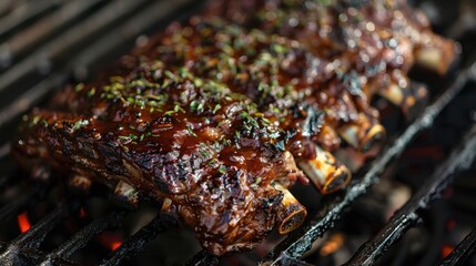 Keto food, spicy barbecue pork ribs. Slow cooking recipe. Pickled Roasted Pork Meat with red sauce