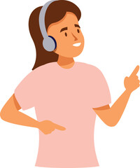 Illustration of a young woman listening to music in headphones and pointing with her fingers to the sides