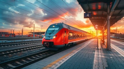 Beautiful railway station with modern high speed red commuter train at colorful sunset.