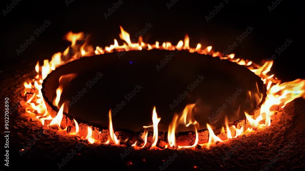 Poster abstract frame with animation of orange fire energy effect with flying particles and sparks on black