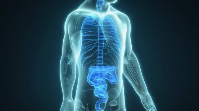 An xray imaging of a mans entire skeleton along with his internal organs is displayed