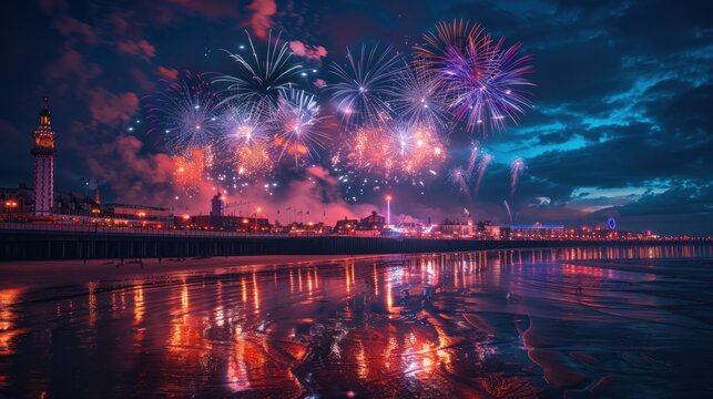 A vibrant display of fireworks illuminating the night sky at the cityscape of Blackpool.