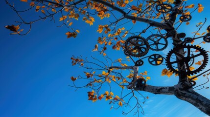 The fusion of nature and technology: a tree adorned with gears against a vivid blue sky