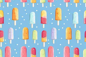 Colorful popsicle seamless pattern on blue background with polka dots. Summer, dessert, and sweet treat concept.