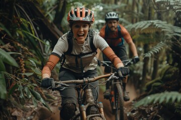 A cyclist energizes through a dense forest trail, captured with a wide smile, exemplifying the joy and vigor experienced during a thrilling mountain biking journey.
