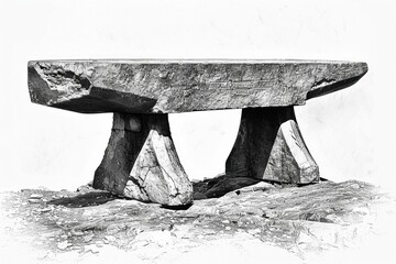A classic black and white photo of a stone bench in a serene outdoor setting