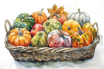Harvest Bounty: Fresh Watercolor Illustration of Colorful Pumpkins, Apples, and Squash in Festive Basket