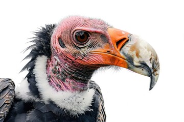 A close-up shot of a vulture's face on a white background