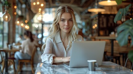 Young Woman Working on Laptop in Cozy Café Setting During Daytime