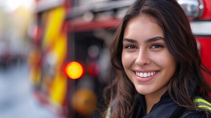 Fototapeta premium Portrait of young woman firefighter standing in front of firetruck.