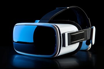 Virtual reality headset with blue lenses on a black background showcasing modern technology and immersive experience.