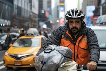 A man cycles through a bustling city street, wearing a helmet and orange jacket, with determination and purpose as he navigates through the urban environment on a bike.