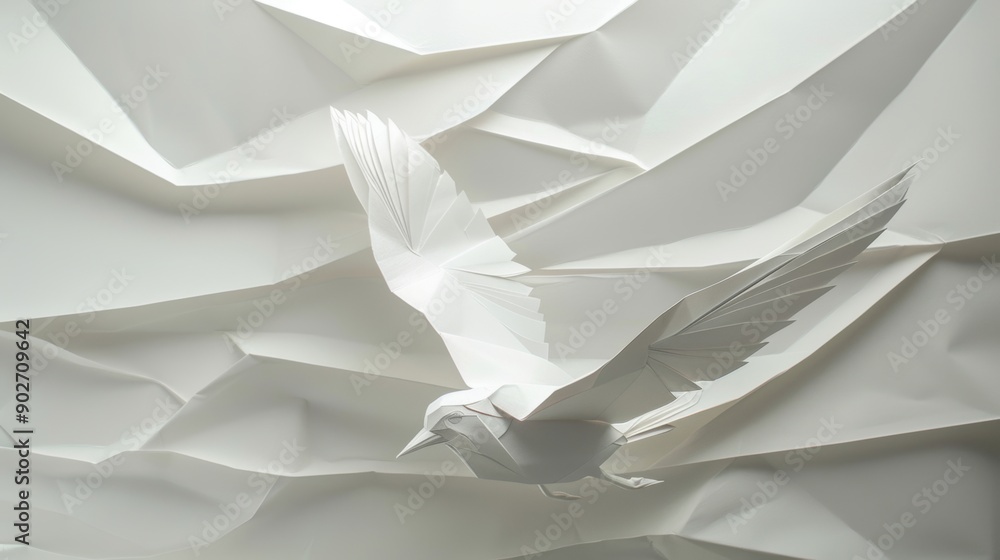 Poster paper art the flight of a stylized bird in a geometric and simplistic setting.