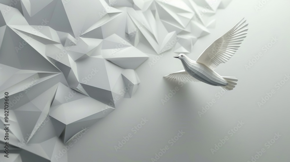 Poster paper art the flight of a stylized bird in a geometric and simplistic setting.